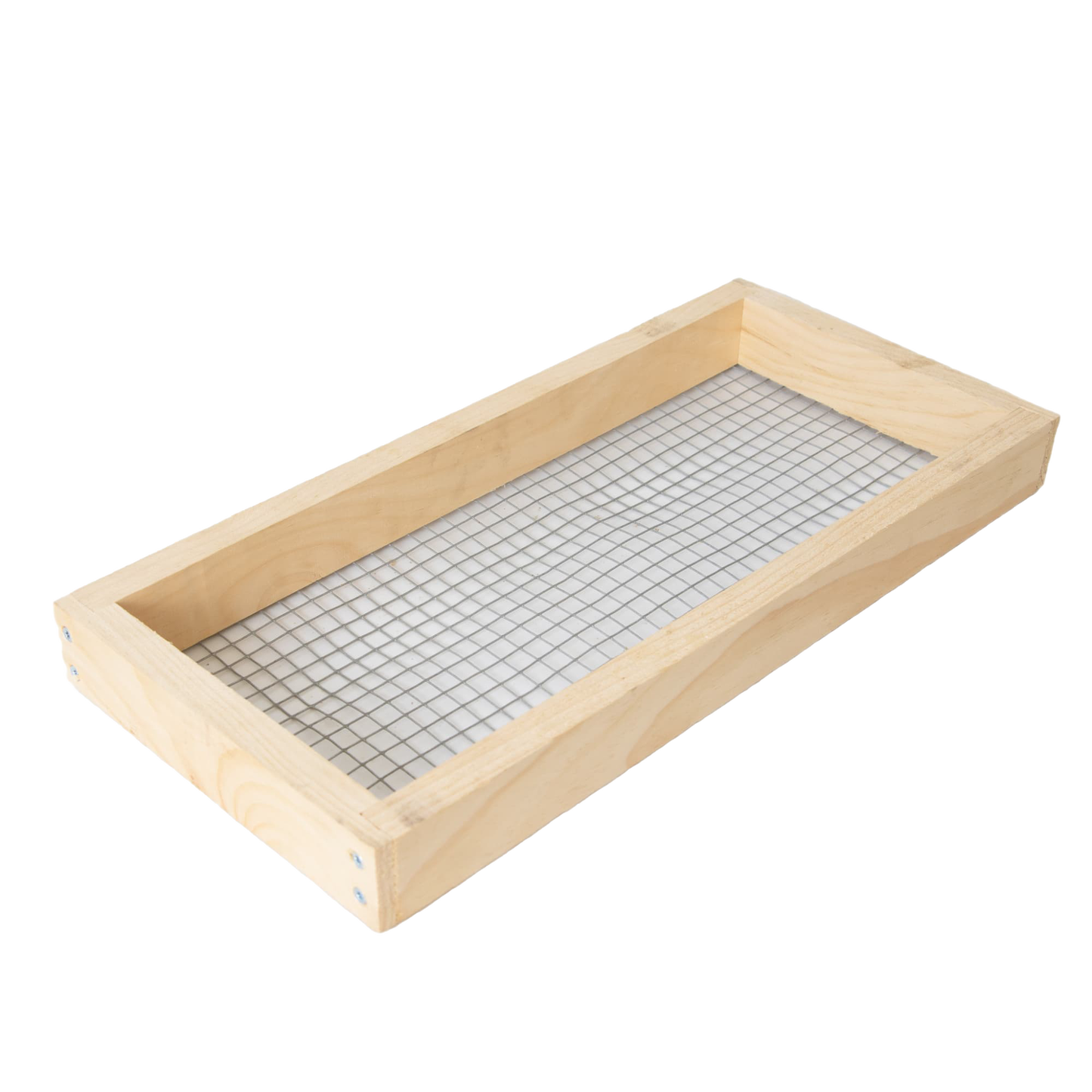 Handcrafted wooden feeder frame with wire mesh bottom, designed for beekeeping use in 5-frame hives, made in USA and Amish crafted for farm, garden, and tool collections.