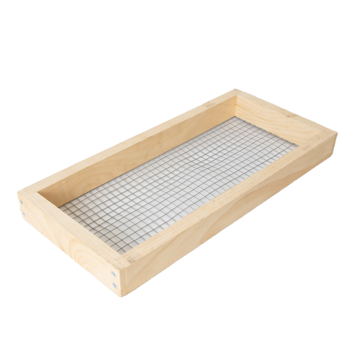 Handcrafted wooden feeder frame with wire mesh bottom, designed for beekeeping use in 5-frame hives, made in USA and Amish crafted for farm, garden, and tool collections.