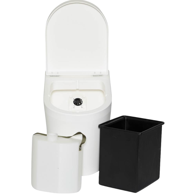 Compact handcrafted composting toilet with dual chambers and removable waste containers designed for odor control and easy setup in RVs and tiny homes, featured in Appliances and Composting Toilets collections.