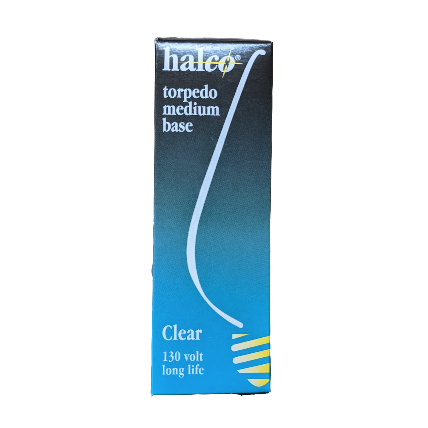 Packaging box for a clear torpedo medium base light bulb rated for 130 volts with long life, suitable for lamps and lighting electric conversion and emergency supplies collections.