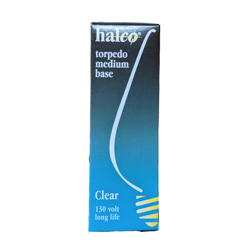 Packaging box for a clear torpedo medium base light bulb rated for 130 volts with long life, suitable for lamps and lighting electric conversion and emergency supplies collections.