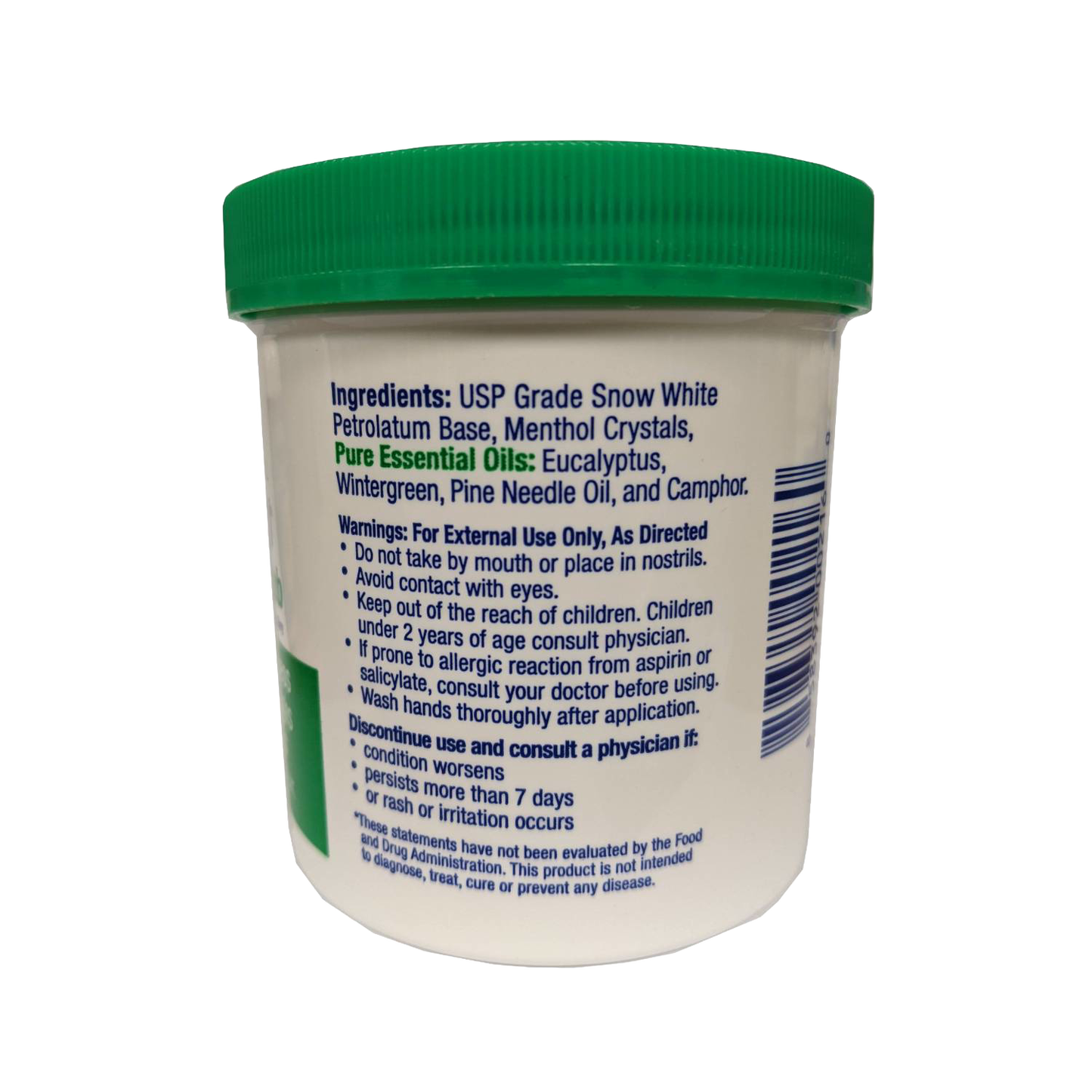 White container with a green lid showing ingredients and usage warnings for a handcrafted rub made in USA, ideal for soothing muscle aches and skin irritations, featured in Health & Wellness collections.