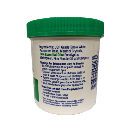 White container with a green lid showing ingredients and usage warnings for a handcrafted rub made in USA, ideal for soothing muscle aches and skin irritations, featured in Health & Wellness collections.