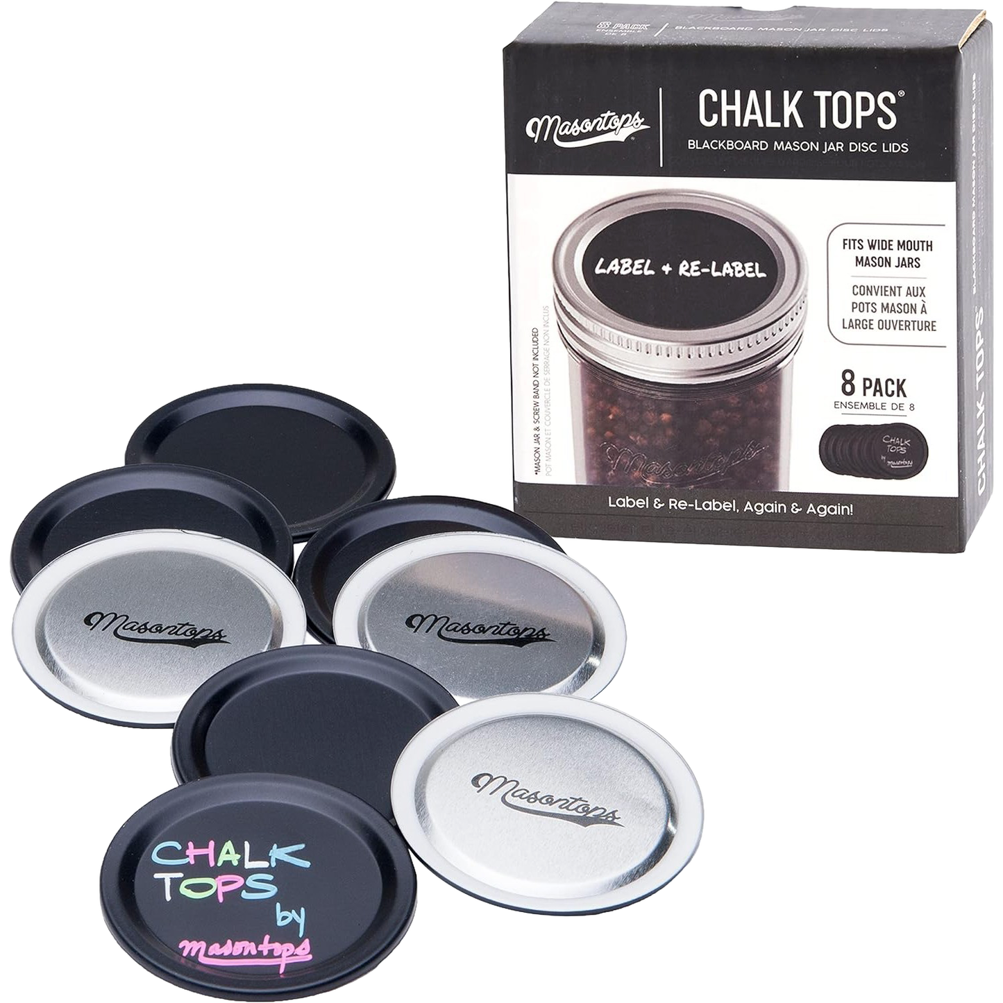 Pack of 8 blackboard jar disc lids with silver rims and colorful chalk writing, reusable and ideal for labeling wide-mouth jars; fits Home & Decor, Best Sellers, Promo Eligible collections.