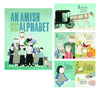 Cover and interior pages of a handcrafted Amish alphabet book featuring colorful illustrations of Amish family, horse-drawn buggy, garden vegetables, and traditional kitchen scenes, perfect for children's and heritage books collections.