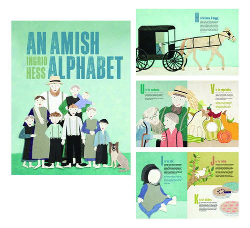 Cover and interior pages of a handcrafted Amish alphabet book featuring colorful illustrations of Amish family, horse-drawn buggy, garden vegetables, and traditional kitchen scenes, perfect for children's and heritage books collections.