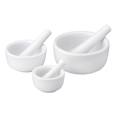 Set of three white porcelain mortars and pestles in small, medium, and large sizes designed for efficient food prep, part of Kitchen & Food, Food Prep, and Cooking Helpers collections.