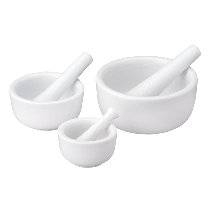 Set of three white porcelain mortars and pestles in small, medium, and large sizes designed for efficient food prep, part of Kitchen & Food, Food Prep, and Cooking Helpers collections.