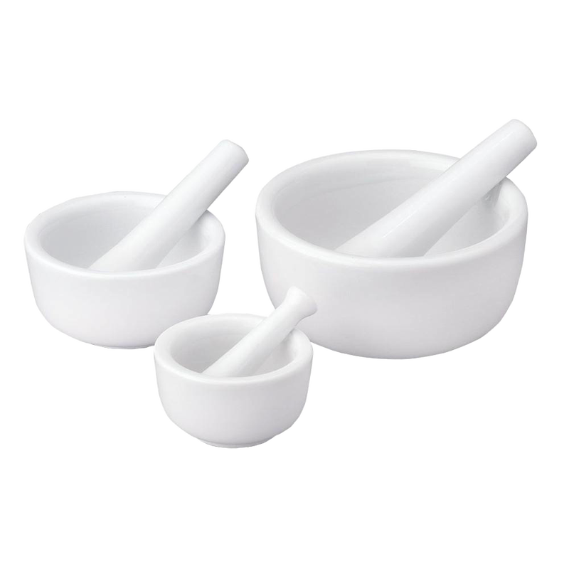 Set of three white porcelain mortars and pestles in small, medium, and large sizes designed for efficient food prep, part of Kitchen & Food, Food Prep, and Cooking Helpers collections.