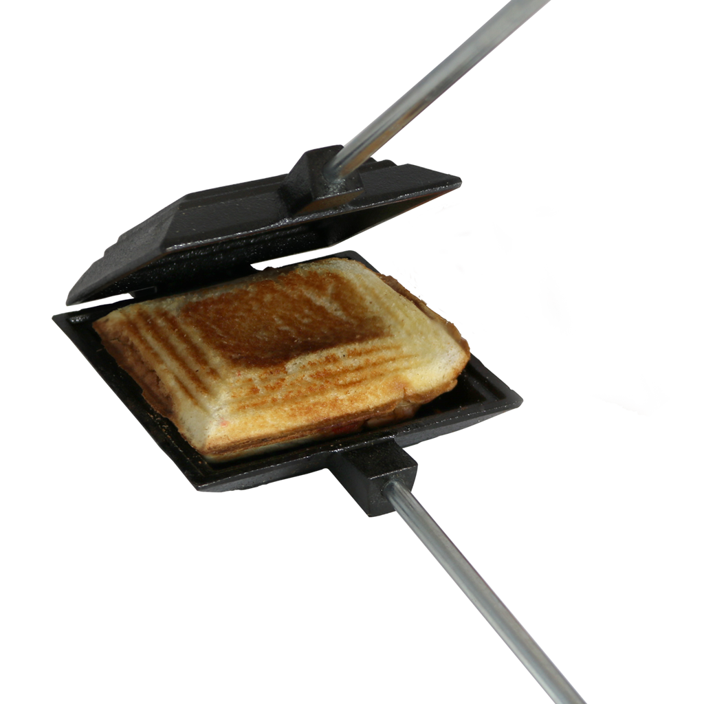 Cast iron square pie iron with metal handle and wooden grips, toasting a sandwich, ideal for camping and included in Farm, Garden & Tool, Best Sellers, and Promo Eligible collections.