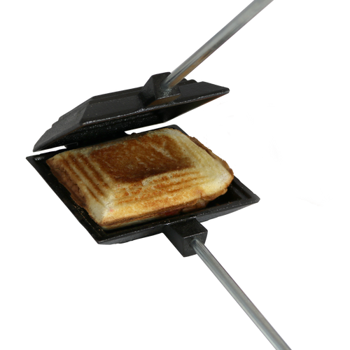 Cast iron square pie iron with metal handle and wooden grips, toasting a sandwich, ideal for camping and included in Farm, Garden & Tool, Best Sellers, and Promo Eligible collections.