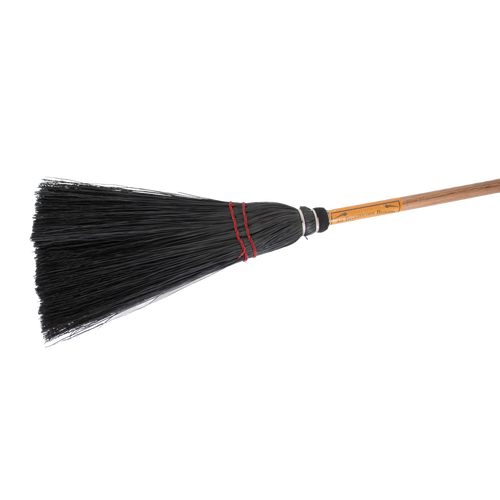 Handcrafted Amish-made broom with natural straw bristles bound by red twine and a smooth wooden handle, ideal for cleaning hearths and fireplaces in USA Made and Hearth Accessories collections.