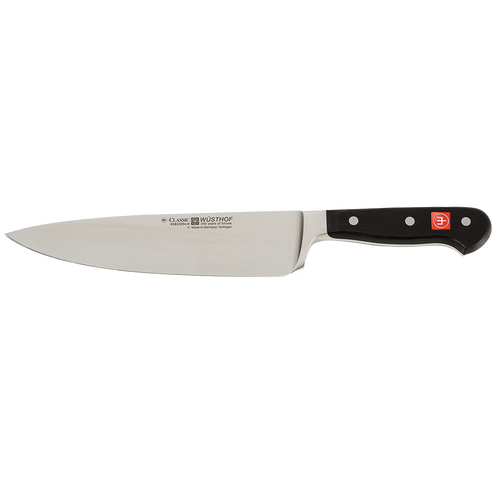 Sleek 8-inch chef's knife with a high carbon stainless steel blade and sturdy black handle, designed for chopping, slicing, and dicing in kitchen and food prep tasks.