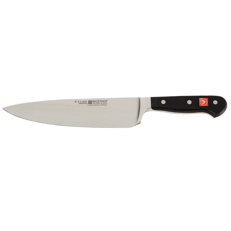 Sleek 8-inch chef's knife with a high carbon stainless steel blade and sturdy black handle, designed for chopping, slicing, and dicing in kitchen and food prep tasks.