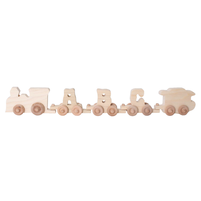 Handcrafted wooden train set with interchangeable alphabet letters, Amish made in the USA, ideal for indoor play and featured in Toys, Books & Games, Children's Toys, and Wooden Toys collections.