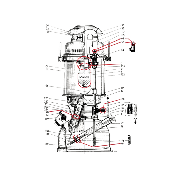 Detailed line drawing illustrating each component and assembly step of a pressure lamp with annotated parts in red, suitable for Lamps & Lighting and Parts and Accessories collections.