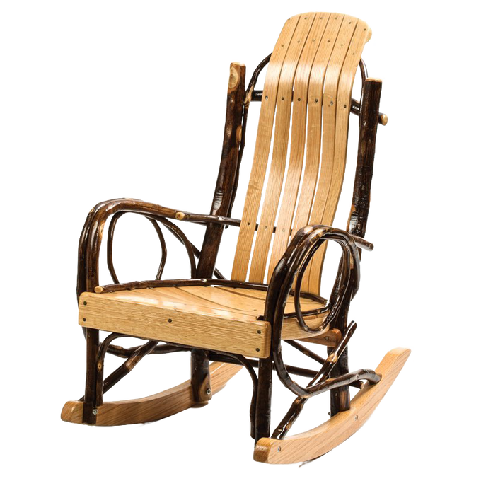 Handcrafted child's rocker made from steamed and bent hickory wood with a glossy oak seat and back, Amish made, perfect for Home & Decor and Indoor Furniture collections.
