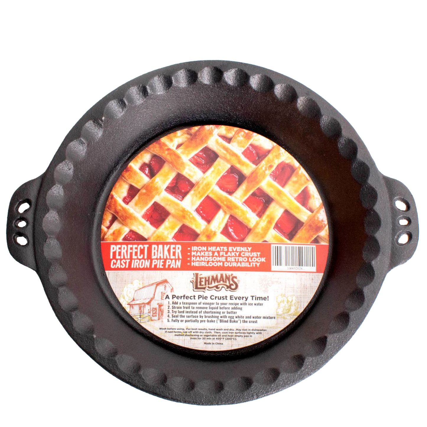 Handcrafted Amish-made cast iron pie pan with crimped edges, designed for even heating and durability, ideal for Kitchen & Food, Cookware, Cast Iron, Baking Supplies, Best Sellers, and Promo Eligible collections.