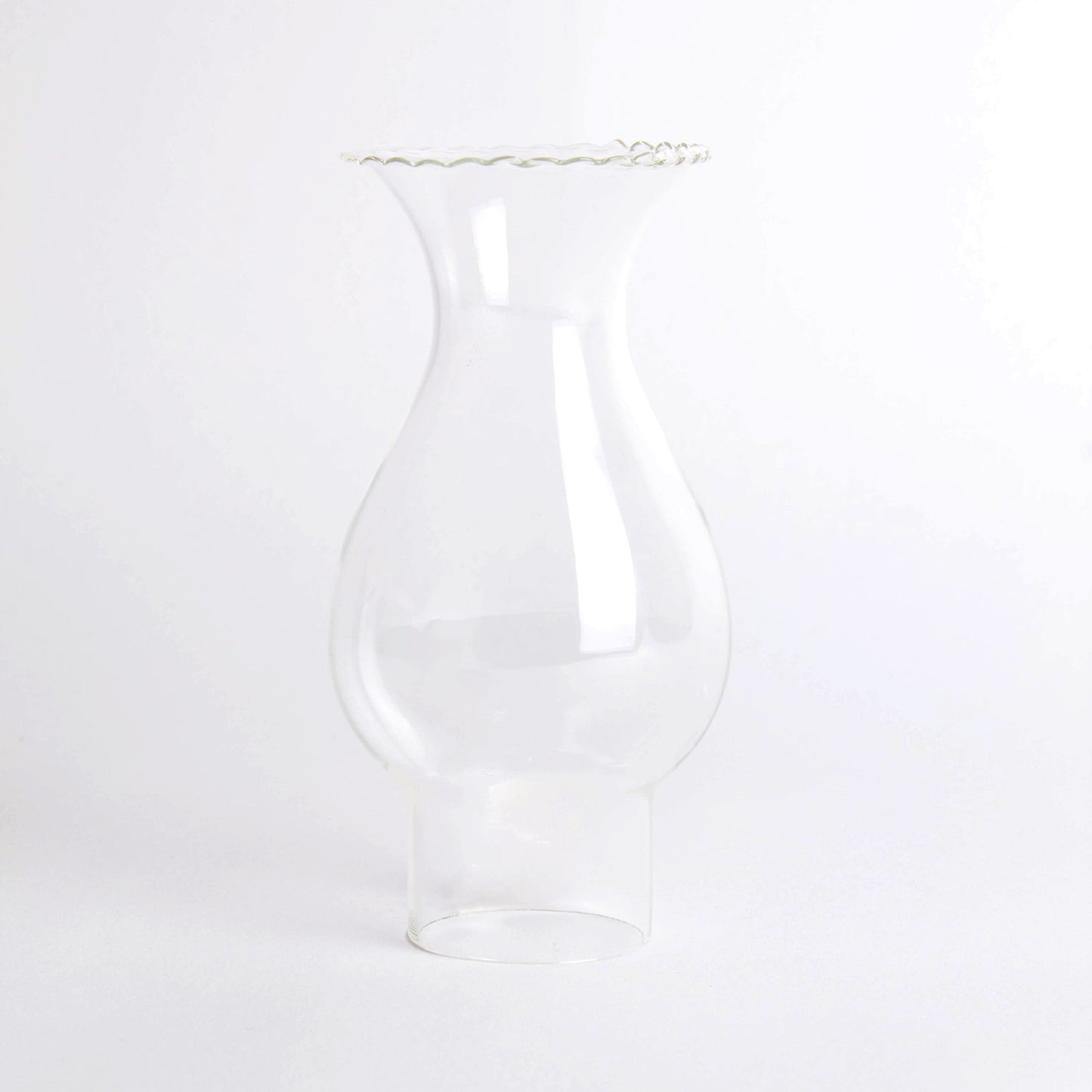 Clear glass oil lamp chimney with a crimped top and 1-4/7" base, handcrafted for use in Lamps & Lighting, Parts and Accessories, Chimneys and Globes, Best Sellers, and Promo Eligible collections.