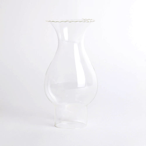 Clear glass oil lamp chimney with a crimped top and 1-4/7" base, handcrafted for use in Lamps & Lighting, Parts and Accessories, Chimneys and Globes, Best Sellers, and Promo Eligible collections.