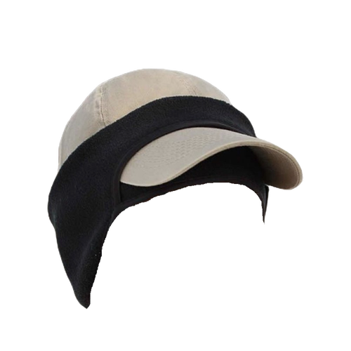 Black polyester fleece ear band designed to slip around a baseball cap, providing warmth for forehead and ears, featured in Health & Wellness, Clothing and Accessories, Best Sellers, Promo Eligible collections.