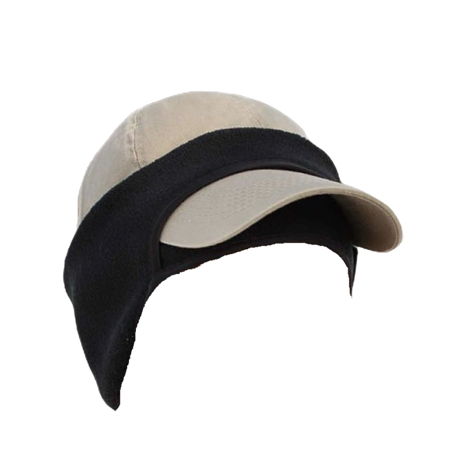 Black polyester fleece ear band designed to slip around a baseball cap, providing warmth for forehead and ears, featured in Health & Wellness, Clothing and Accessories, Best Sellers, Promo Eligible collections.