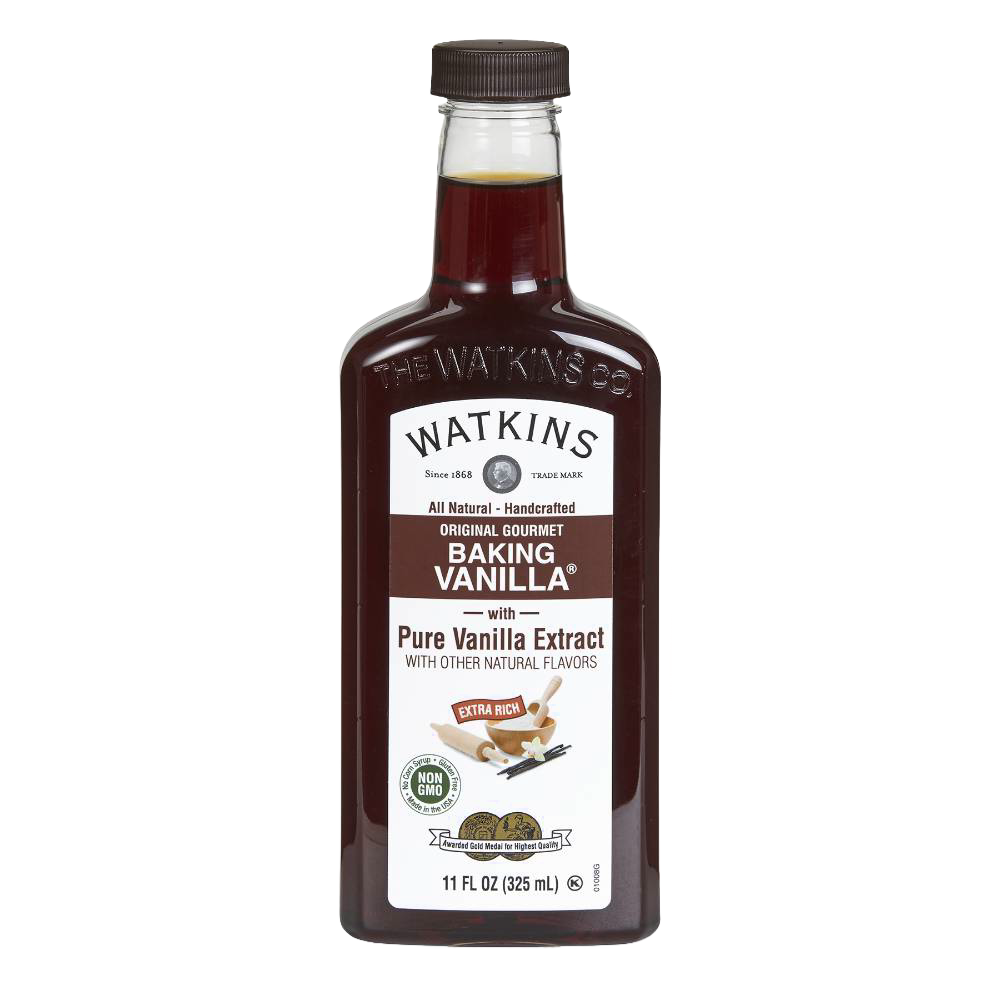 Bottle of handcrafted Watkins baking vanilla extract made in USA, featuring all-natural pure vanilla flavor, ideal for Kitchen & Food, Pantry, and Best Sellers collections.