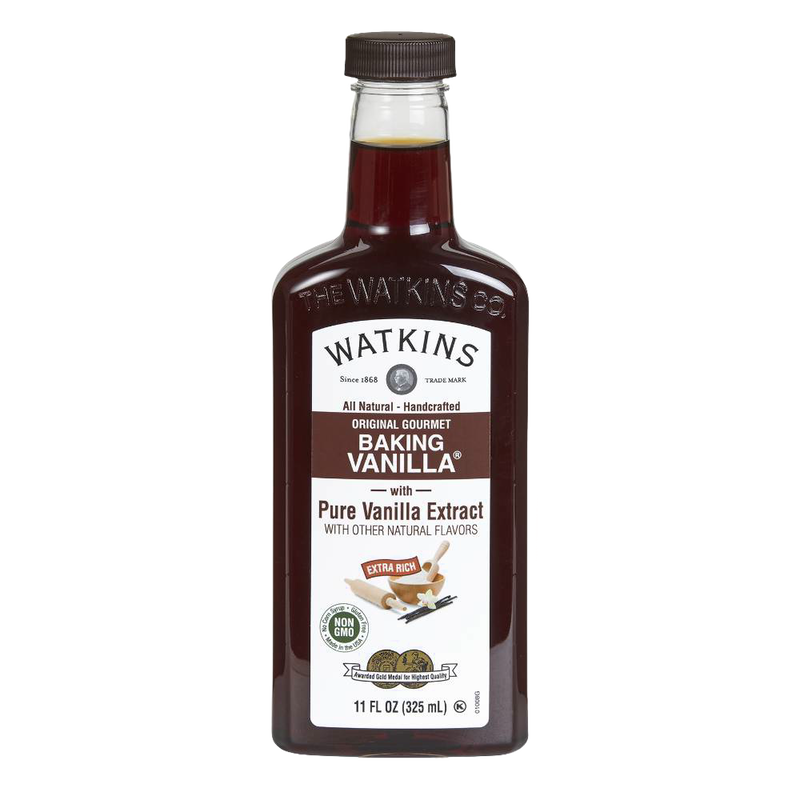 Bottle of handcrafted Watkins baking vanilla extract made in USA, featuring all-natural pure vanilla flavor, ideal for Kitchen & Food, Pantry, and Best Sellers collections.
