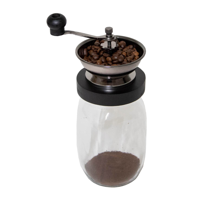 Handcrafted coffee grinder with a wide-mouth glass jar and ceramic burr for smooth grinding, designed for Kitchen & Food, Brewing Coffee and Tea, Kitchen Gadgets, Best Sellers, and Promo Eligible collections.