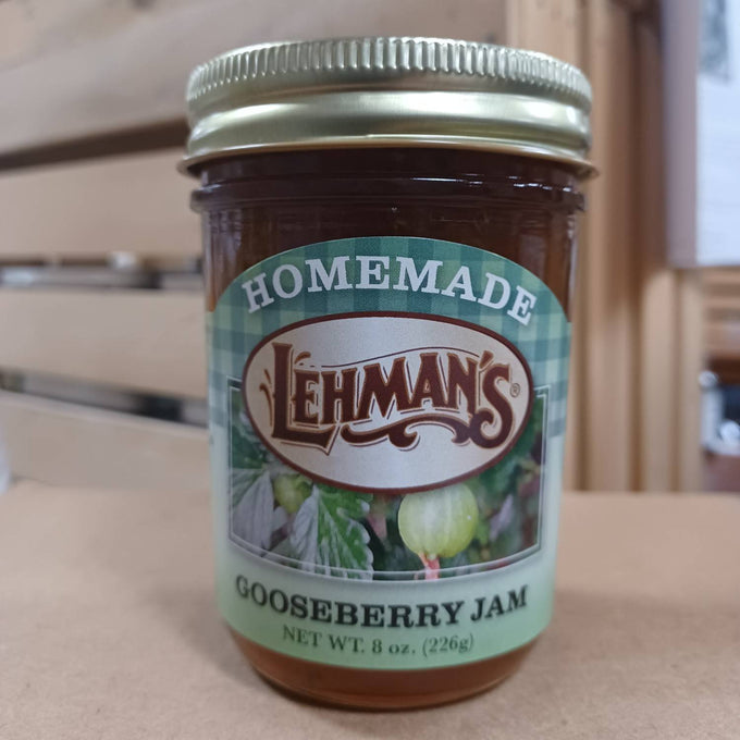 Handcrafted Amish-made gooseberry jam in an 8 oz glass jar, featuring all-natural ingredients, perfect for Kitchen & Food, Pantry, Peanut Butter & Jellies, USA Made, and Best Sellers collections.