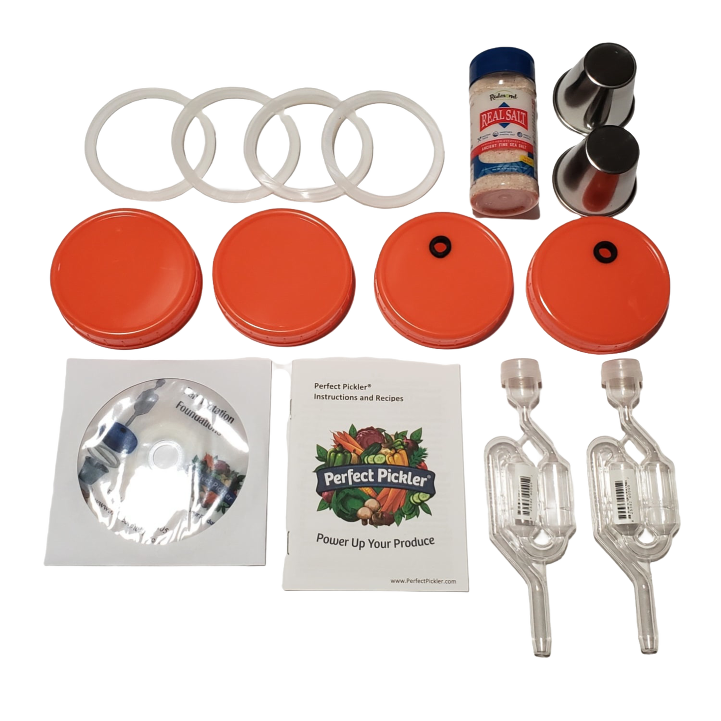 Handcrafted Perfect Pickler fermenting kit includes two jar-top fermentors with orange lids, airlocks, gaskets, salt packet, recipe guide, designed for Kitchen & Food, Food Preservation, Fermenting and Pickling, Kitchen Gadgets, USA Made, and Best Sellers collections.