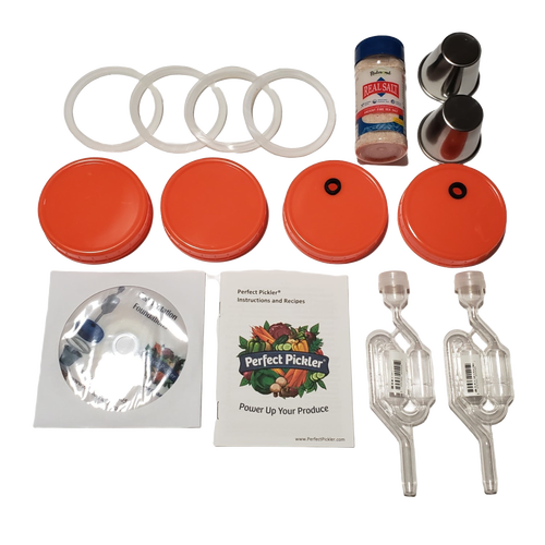 Handcrafted Perfect Pickler fermenting kit includes two jar-top fermentors with orange lids, airlocks, gaskets, salt packet, recipe guide, designed for Kitchen & Food, Food Preservation, Fermenting and Pickling, Kitchen Gadgets, USA Made, and Best Sellers collections.