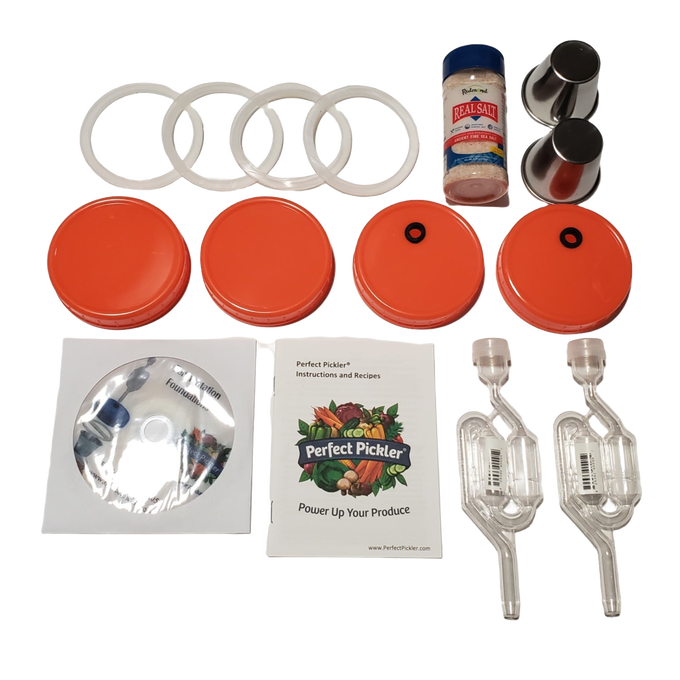 Handcrafted Perfect Pickler fermenting kit includes two jar-top fermentors with orange lids, airlocks, gaskets, salt packet, recipe guide, designed for Kitchen & Food, Food Preservation, Fermenting and Pickling, Kitchen Gadgets, USA Made, and Best Sellers collections.
