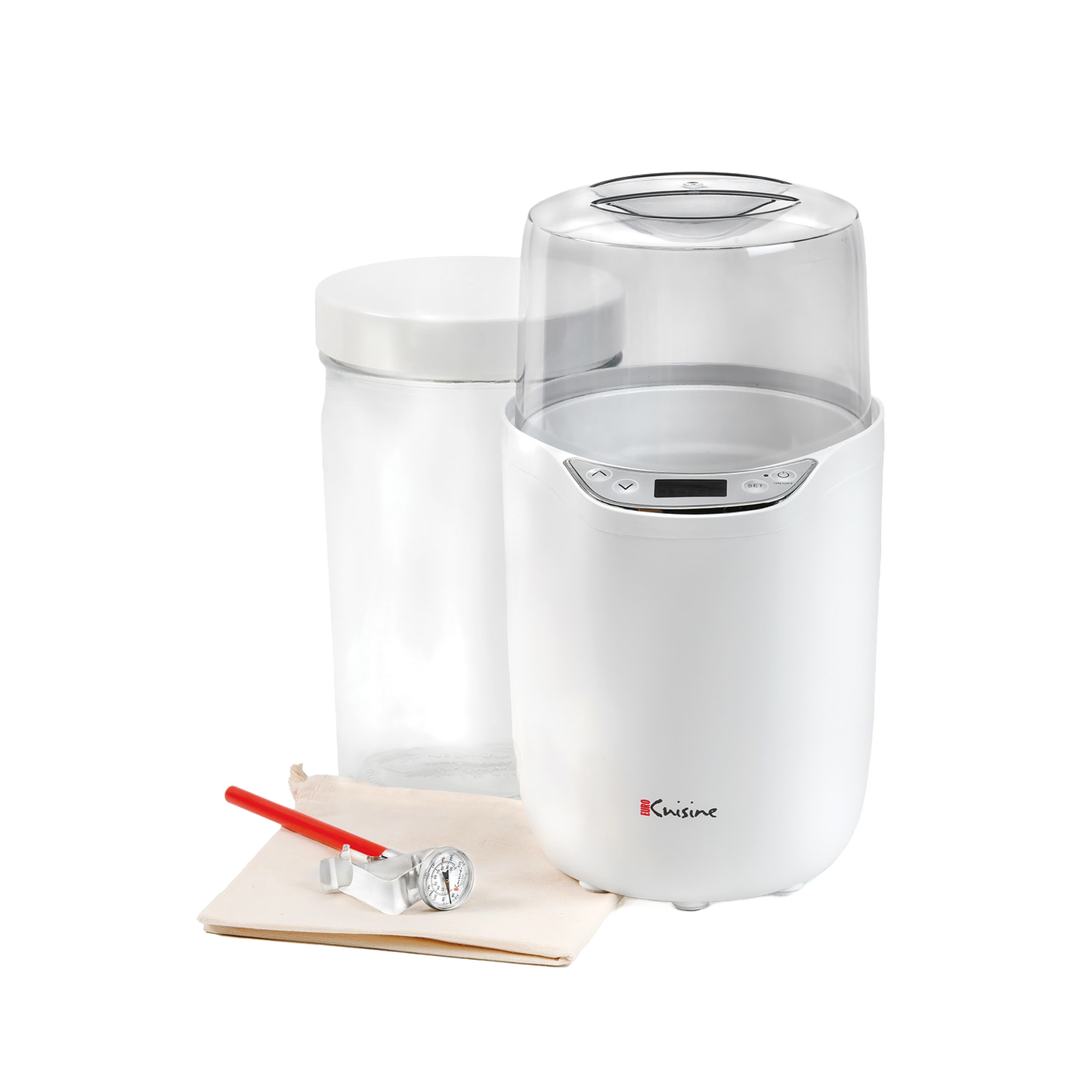 White electric yogurt and Greek yogurt maker with digital display, clear lid, included glass jar, red-handled thermometer, and cloth, featured in Kitchen & Food and Specialty Equipment collections.