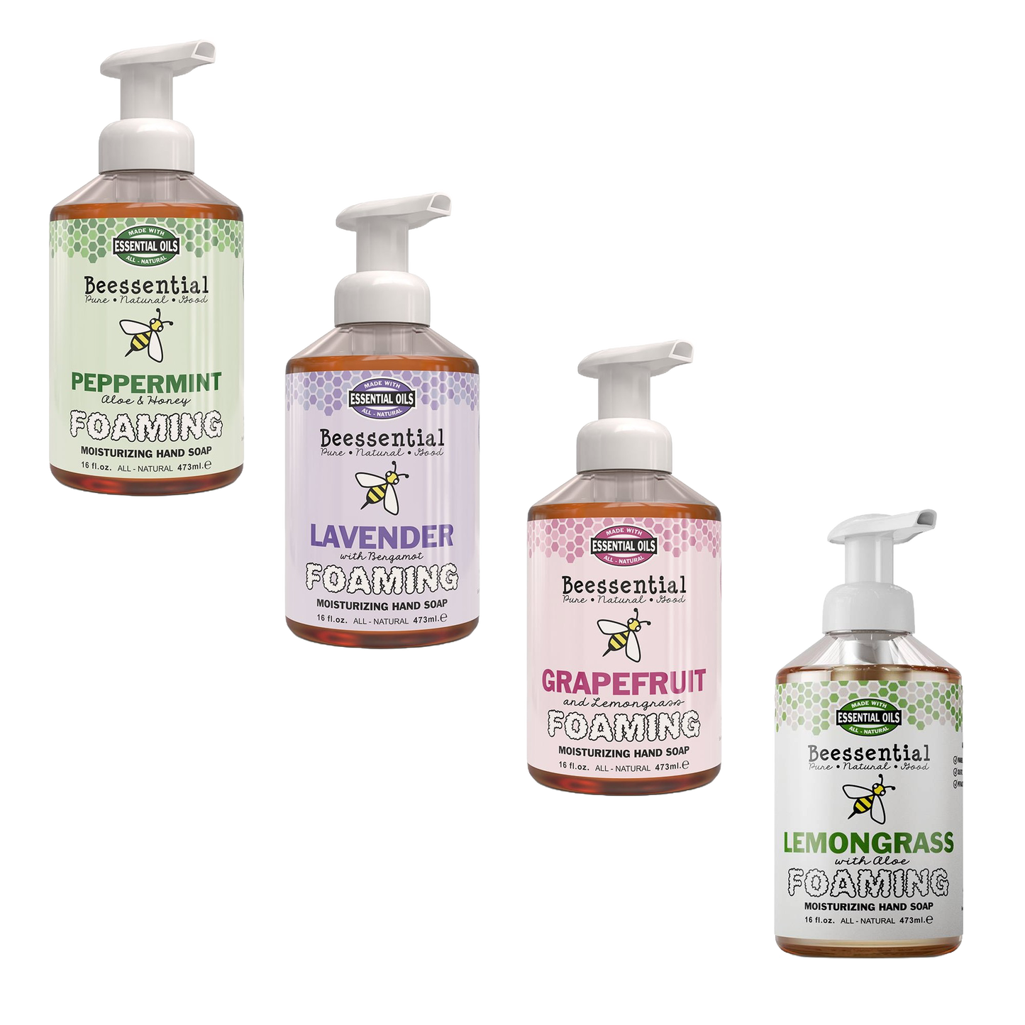 Four 16 fl oz pump bottles of handcrafted natural moisturizing foaming hand soap in peppermint, lavender, grapefruit, and lemongrass scents, made in small batches in Ohio, USA, ideal for Health & Wellness, Soaps, USA Made, and Best Sellers collections.