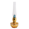 Handcrafted amber glass oil lamp with a tall clear chimney and brass burner, designed for use in farm, garden, emergency supplies, and wall lamp collections.