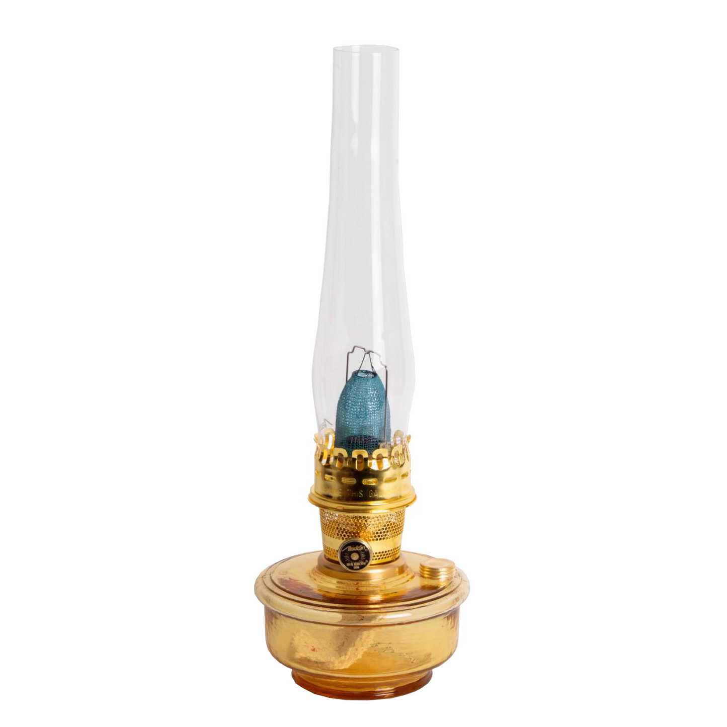 Handcrafted amber glass oil lamp with a tall clear chimney and brass burner, designed for use in farm, garden, emergency supplies, and wall lamp collections.
