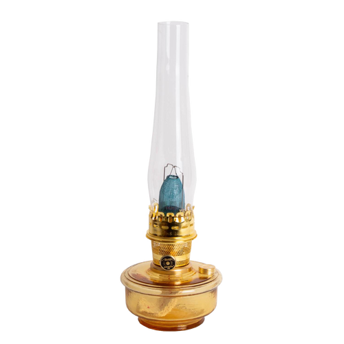 Handcrafted amber glass oil lamp with a tall clear chimney and brass burner, designed for use in farm, garden, emergency supplies, and wall lamp collections.