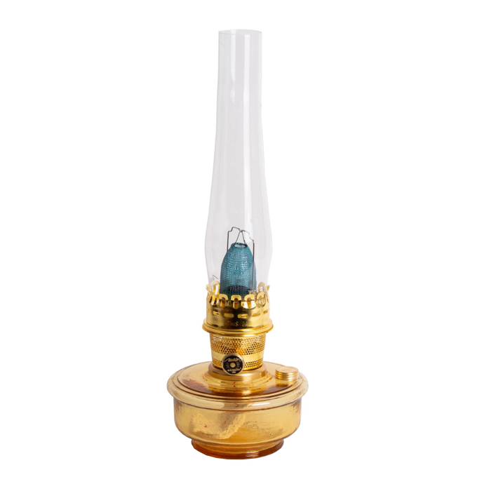 Handcrafted amber glass oil lamp with a tall clear chimney and brass burner, designed for use in farm, garden, emergency supplies, and wall lamp collections.