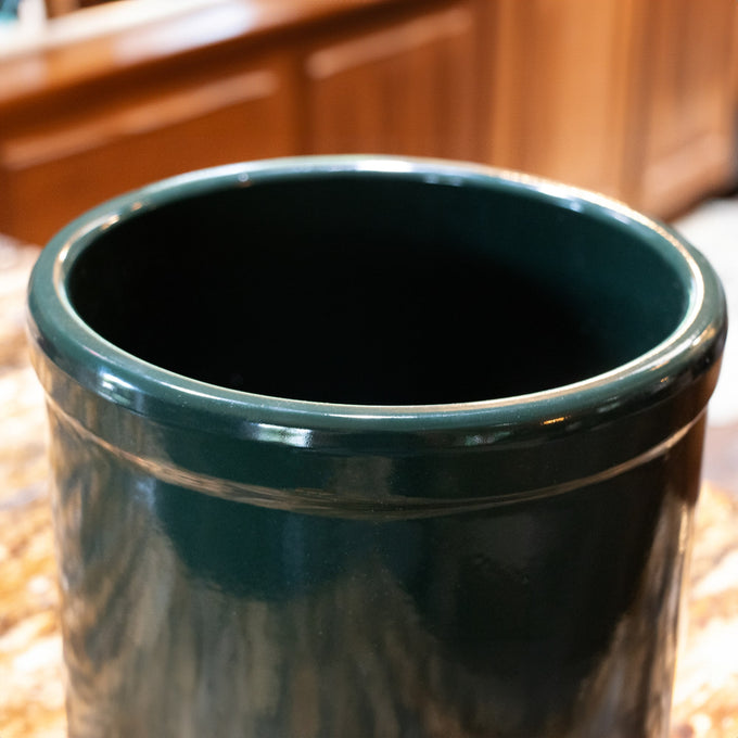 Handmade 2-gallon stoneware crock in deep green with smooth, lead-free, food-safe glaze, perfect for kitchen fermenting, food preservation, and part of USA Made and Best Sellers collections.