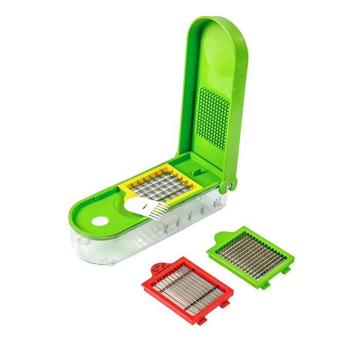 Handcrafted green dice and slice chopper with clear container and interchangeable blade plates for versatile veggie and fruit prep, featured in Kitchen & Food, Food Prep, Choppers and Cutters, Kitchen Gadgets, Kitchen Accessories, Best Sellers, and Promo Eligible collections.