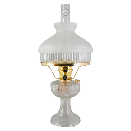 Handcrafted Aladdin Lincoln Drape oil lamp featuring a clear glass base, polished brass burner, and white frosted top shade, ideal for Farm, Garden & Tool, Emergency Supplies, and Best Sellers collections.