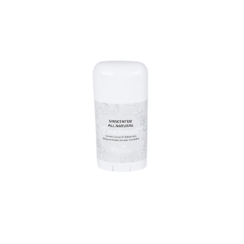Handcrafted unscented all-natural deodorant stick made in USA with coconut oil, shea butter, beeswax, arrowroot powder, and baking soda, featured in Health & Wellness and Grooming and Personal Hygiene collections.