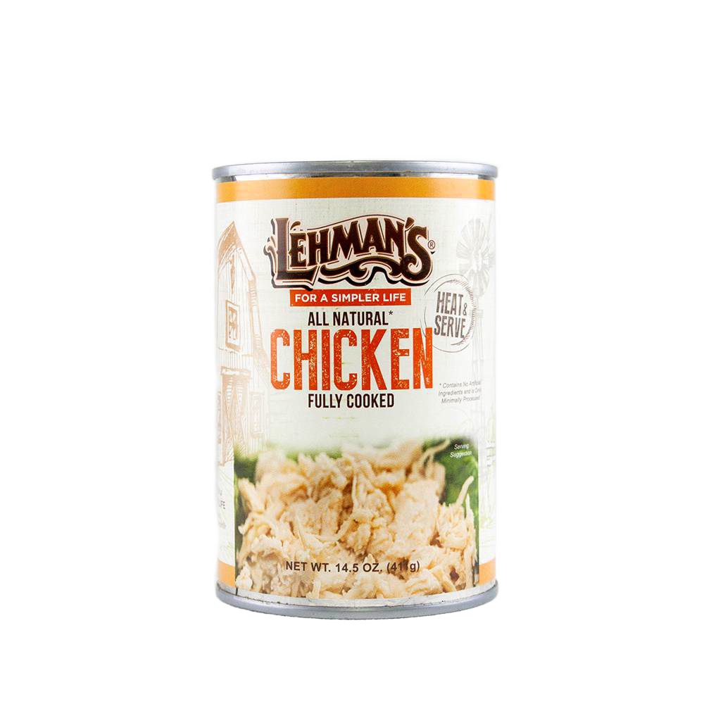 Can of Lehman's all natural fully cooked chicken with heat and serve label featuring shredded chicken on a light background, ideal for Kitchen & Food, Food, Meats, Best Sellers, and Promo Eligible collections.
