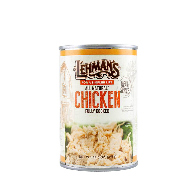 Can of Lehman's all natural fully cooked chicken with heat and serve label featuring shredded chicken on a light background, ideal for Kitchen & Food, Food, Meats, Best Sellers, and Promo Eligible collections.