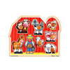 Wooden farm-themed puzzle with jumbo knobs featuring seven animal characters and a farmer against a bright red barn, designed to support fine motor skills in children's toys.