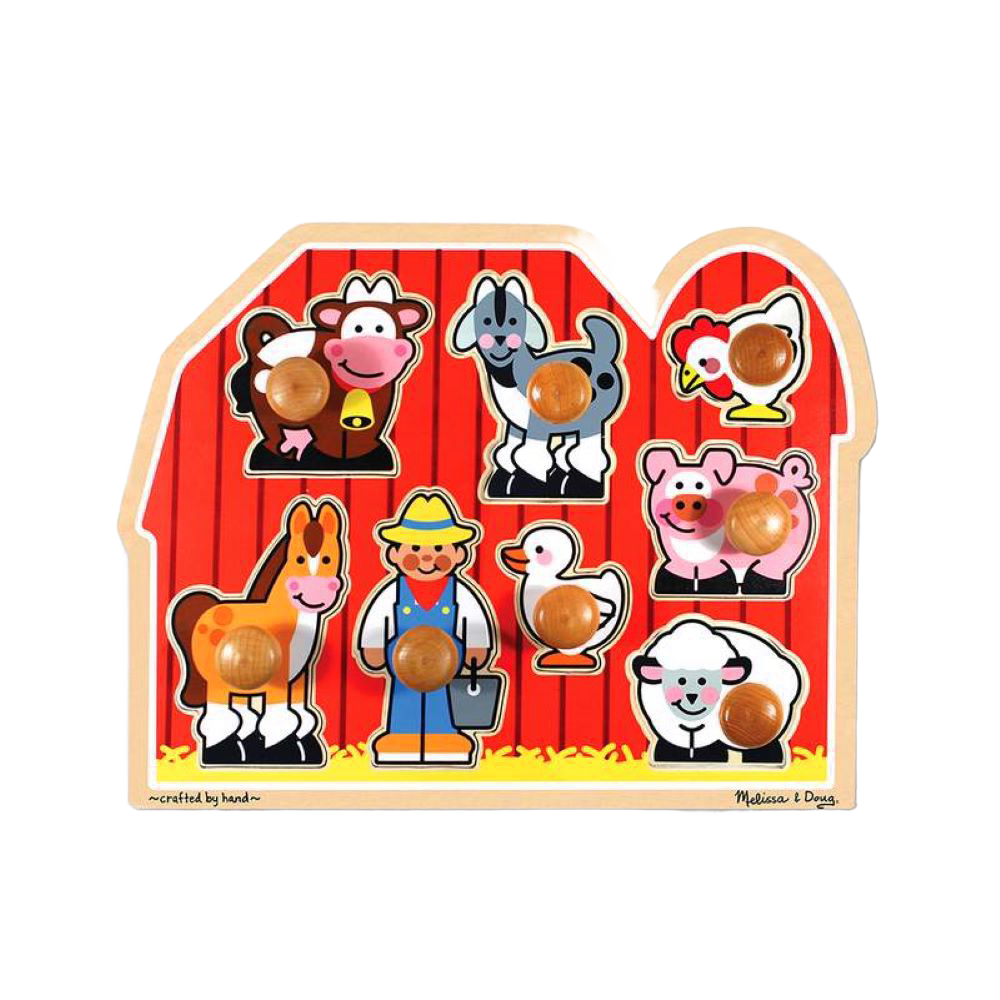 Wooden farm-themed puzzle with jumbo knobs featuring seven animal characters and a farmer against a bright red barn, designed to support fine motor skills in children's toys.