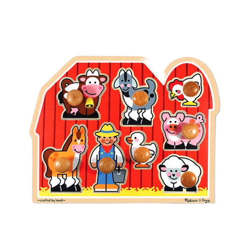 Wooden farm-themed puzzle with jumbo knobs featuring seven animal characters and a farmer against a bright red barn, designed to support fine motor skills in children's toys.