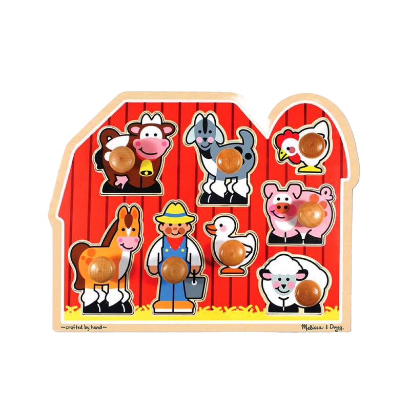 Wooden farm-themed puzzle with jumbo knobs featuring seven animal characters and a farmer against a bright red barn, designed to support fine motor skills in children's toys.