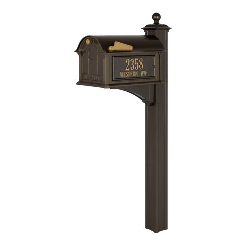 Handcrafted bronze and gold mailbox with post featuring personalized address plaque, part of USA Made Home & Decor and Mailboxes and Address Signs collections.